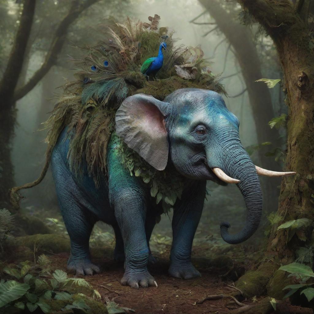 An imaginative creature with a lizard's head, rat's body, peacock's tail, and elephant's legs dwelling in a fantasy forest environment.