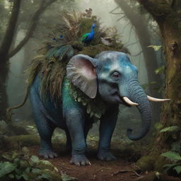 An imaginative creature with a lizard's head, rat's body, peacock's tail, and elephant's legs dwelling in a fantasy forest environment.
