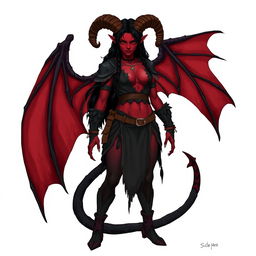 A full-body illustration of a female feral tiefling DnD character