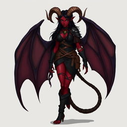 A full-body illustration of a female feral tiefling DnD character