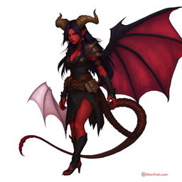 A full-body illustration of a female feral tiefling DnD character