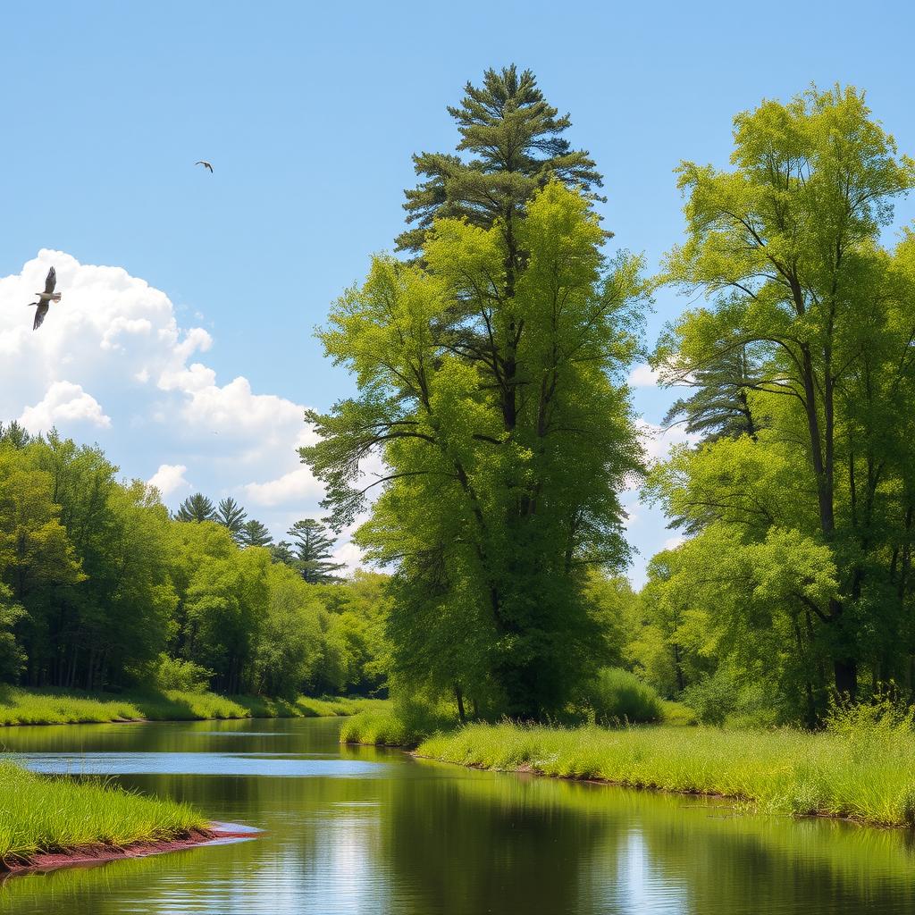 A serene landscape featuring a calm river flowing through a lush forest with tall trees and vibrant green foliage