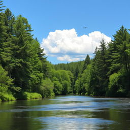 A serene landscape featuring a calm river flowing through a lush forest with tall trees and vibrant green foliage