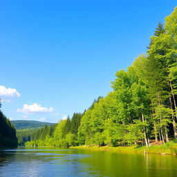 A serene landscape featuring a calm river flowing through a lush forest with tall trees and vibrant green foliage