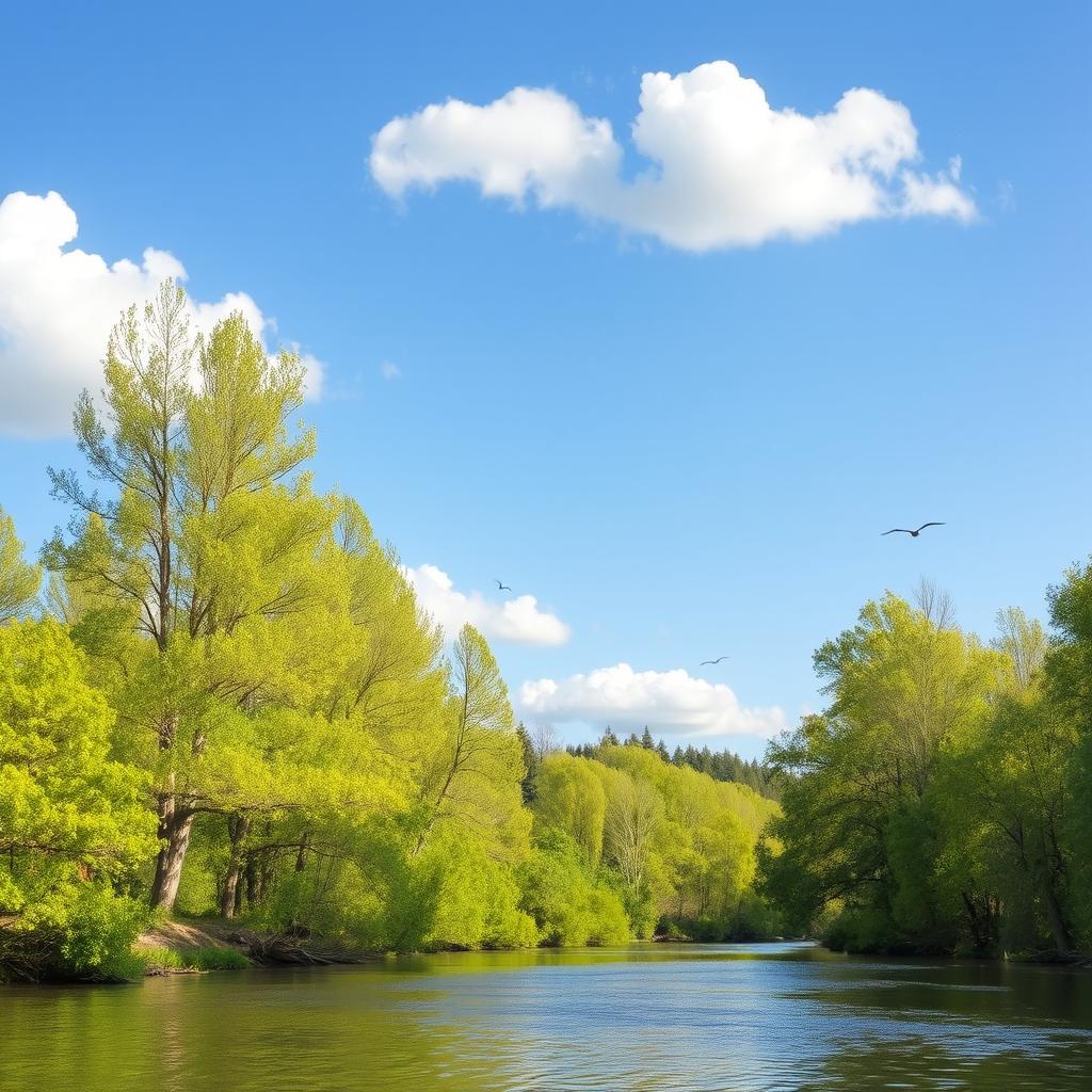 A serene landscape featuring a calm river flowing through a lush forest with tall trees and vibrant green foliage