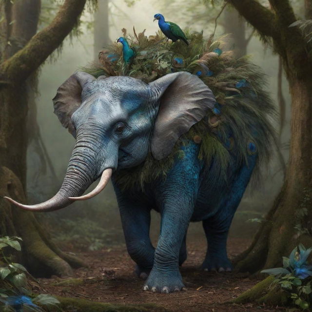 An imaginative creature with a lizard's head, rat's body, peacock's tail, and elephant's legs dwelling in a fantasy forest environment.