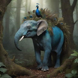 An imaginative creature with a lizard's head, rat's body, peacock's tail, and elephant's legs dwelling in a fantasy forest environment.