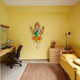 A light yellow room featuring a cosy bed, a study table, a bookshelf, a cupboard, a small sofa, and a beautifully detailed Ganesha fountain.