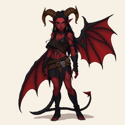 A full-body illustration of a female feral tiefling DnD character