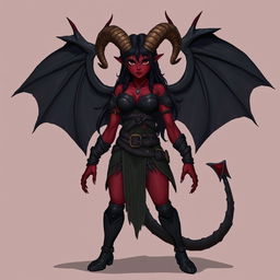 A full-body illustration of a female feral tiefling DnD character