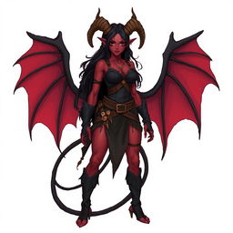 A full-body illustration of a female feral tiefling DnD character