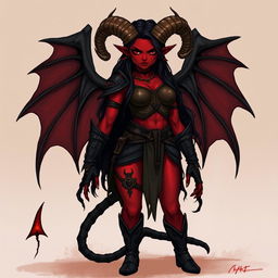 A full-body illustration of a female feral tiefling DnD character