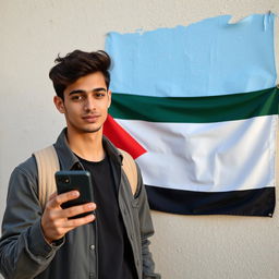 Create an image of a young man holding a mobile phone with a Palestinian flag on the wall behind him