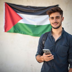 Create an image of a young man holding a mobile phone with a Palestinian flag on the wall behind him