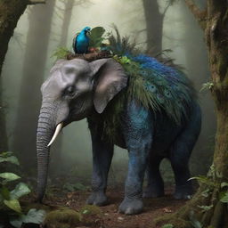 An imaginative creature with a lizard's head, rat's body, peacock's tail, and elephant's legs dwelling in a fantasy forest environment.