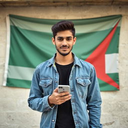 Create an image of a young man holding a mobile phone with a Palestinian flag on the wall behind him