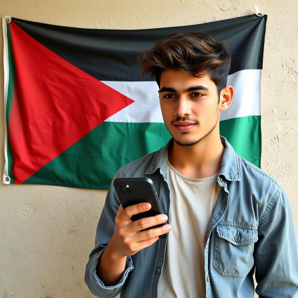 Create an image of a young man holding a mobile phone with a Palestinian flag on the wall behind him