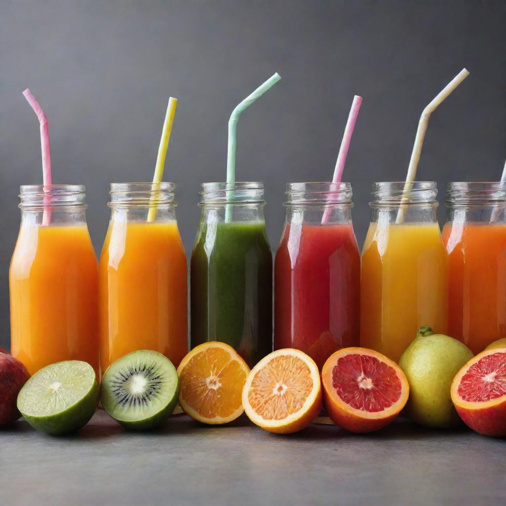 A variety of refreshing and multi-colored fruit and vegetable juices in glass bottles adorned with straws and fruit slices