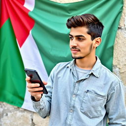 Create an image of a young man holding a mobile phone with a Palestinian flag on the wall behind him