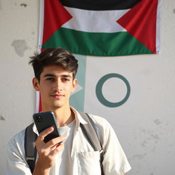 Create an image of a young man holding a mobile phone with a Palestinian flag on the wall behind him