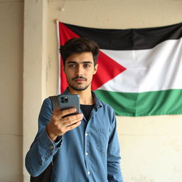 Create an image of a young man holding a mobile phone with a Palestinian flag on the wall behind him