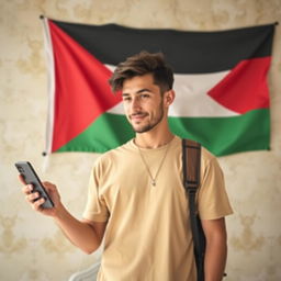 Create an image of a young man holding a mobile phone with a Palestinian flag on the wall behind him