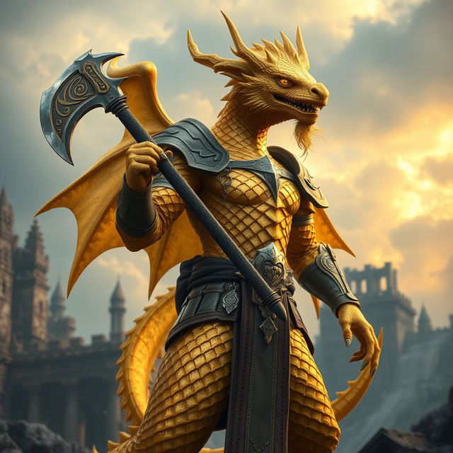 An acolyte golden dragonborn paladin with golden eyes, age 27, height 6'8'', 200 pounds, wielding a battleaxe