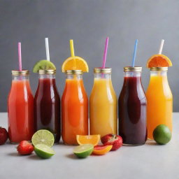 A variety of refreshing and multi-colored fruit and vegetable juices in glass bottles adorned with straws and fruit slices