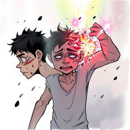 An emotional illustration depicting a character undergoing a transformation