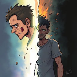 An emotional illustration depicting a character undergoing a transformation