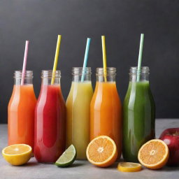 A variety of refreshing and multi-colored fruit and vegetable juices in glass bottles adorned with straws and fruit slices