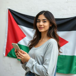 Create an image of a young woman holding a mobile phone with a Palestinian flag on the wall behind her