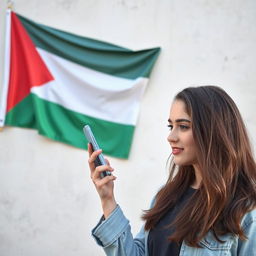 Create an image of a young woman holding a mobile phone with a Palestinian flag on the wall behind her