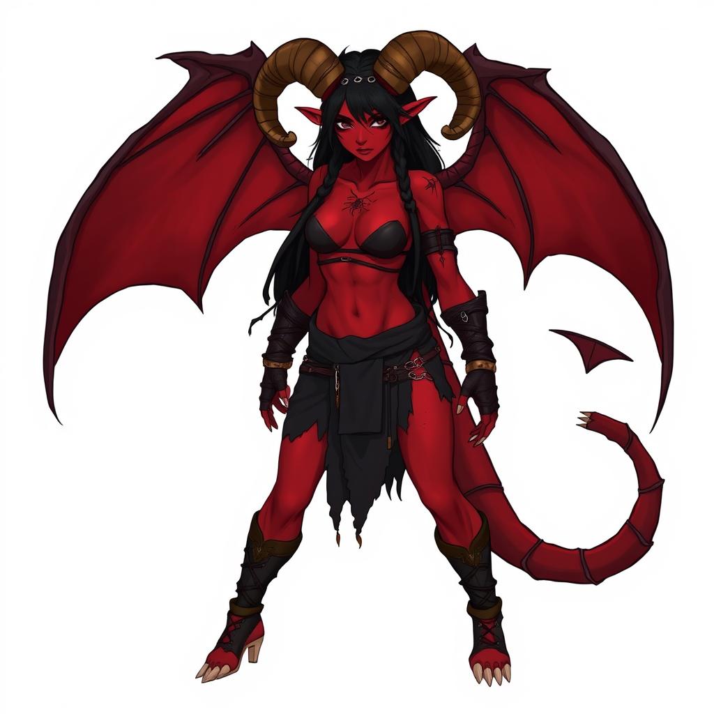 A full-body illustration of a female feral tiefling DnD character