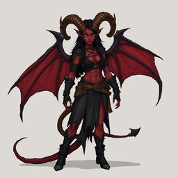 A full-body illustration of a female feral tiefling DnD character