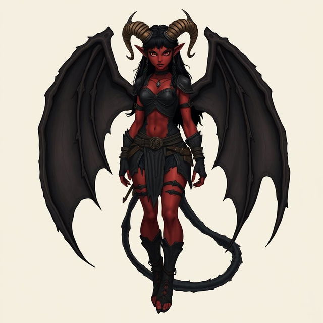 A full-body illustration of a female feral tiefling DnD character