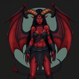 A full-body illustration of a female feral tiefling DnD character