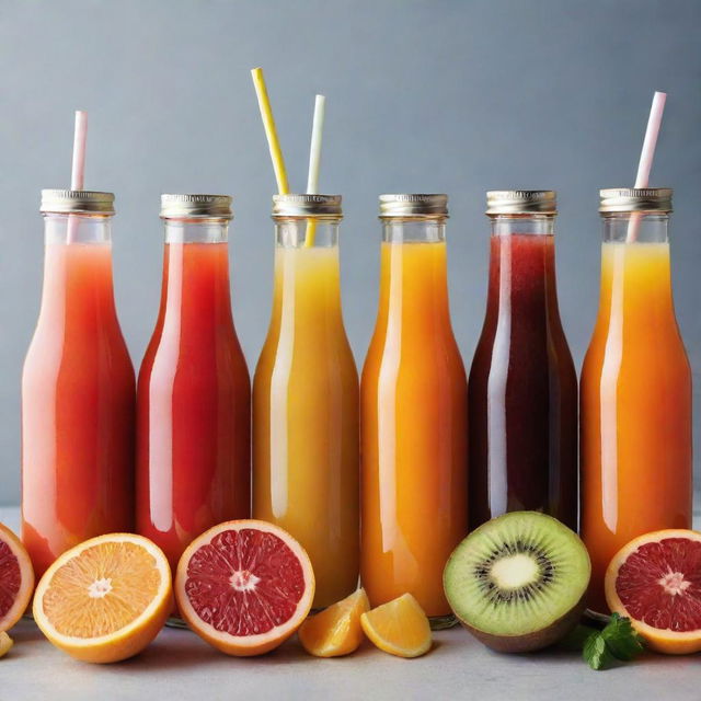 A variety of refreshing and multi-colored fruit and vegetable juices in glass bottles adorned with straws and fruit slices