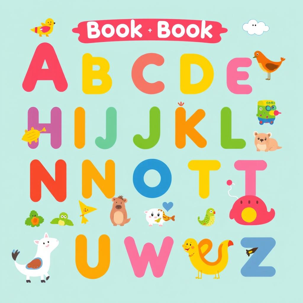 A colorful and engaging alphabet book page for children, featuring playful illustrations of animals, objects, and letters in a fun and educational style