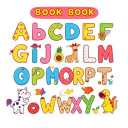 A colorful and engaging alphabet book page for children, featuring playful illustrations of animals, objects, and letters in a fun and educational style