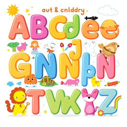 A colorful and engaging alphabet book page for children, featuring playful illustrations of animals, objects, and letters in a fun and educational style