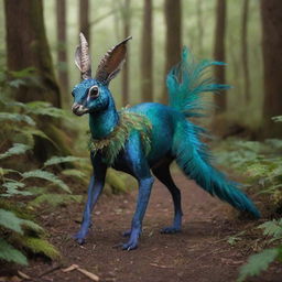 Hybrid creature with a lizard's head, dog's body, peacock's tail, and rabbit's legs romping in a magical forest setting.