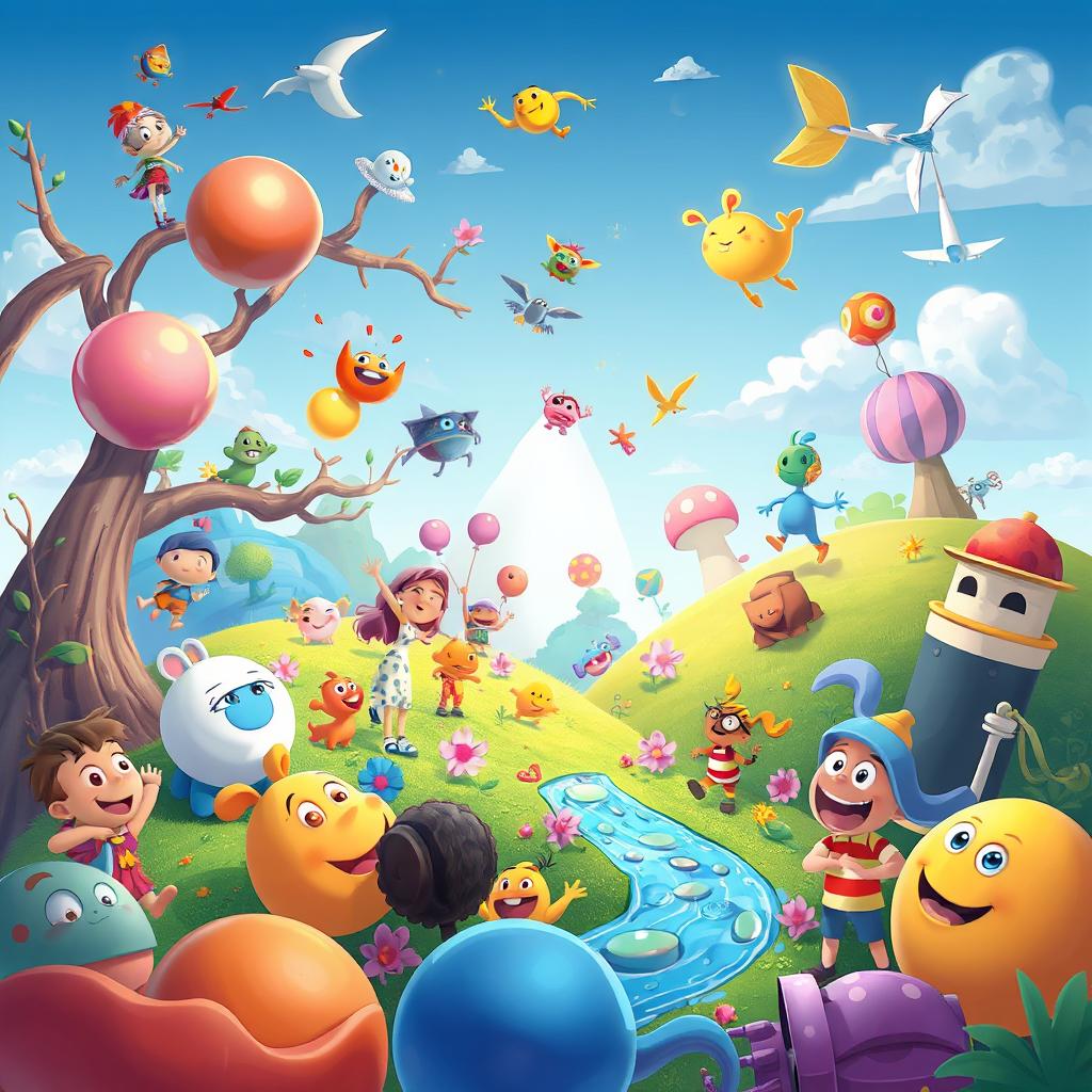 Create a vibrant and imaginative scene featuring a variety of characters and elements