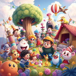 Create a vibrant and imaginative scene featuring a variety of characters and elements