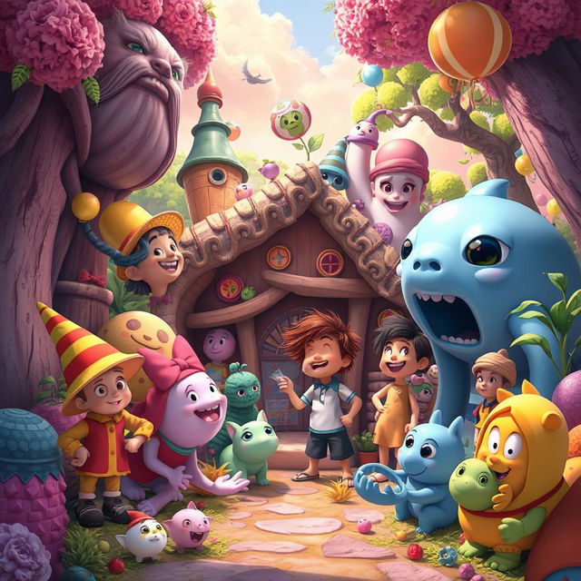 Create a vibrant and imaginative scene featuring a variety of characters and elements