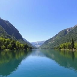 A beautiful landscape featuring a serene lake surrounded by lush green trees and mountains in the background under a clear blue sky