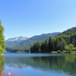 A beautiful landscape featuring a serene lake surrounded by lush green trees and mountains in the background under a clear blue sky