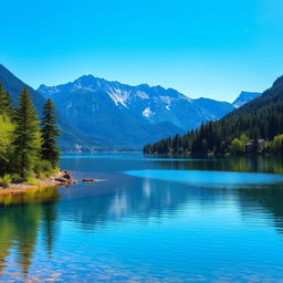 A beautiful landscape featuring a serene lake surrounded by lush green trees and mountains in the background under a clear blue sky