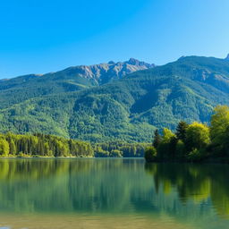 A beautiful landscape featuring a serene lake surrounded by lush green trees and mountains in the background under a clear blue sky