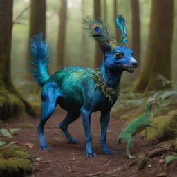 Hybrid creature with a lizard's head, dog's body, peacock's tail, and rabbit's legs romping in a magical forest setting.